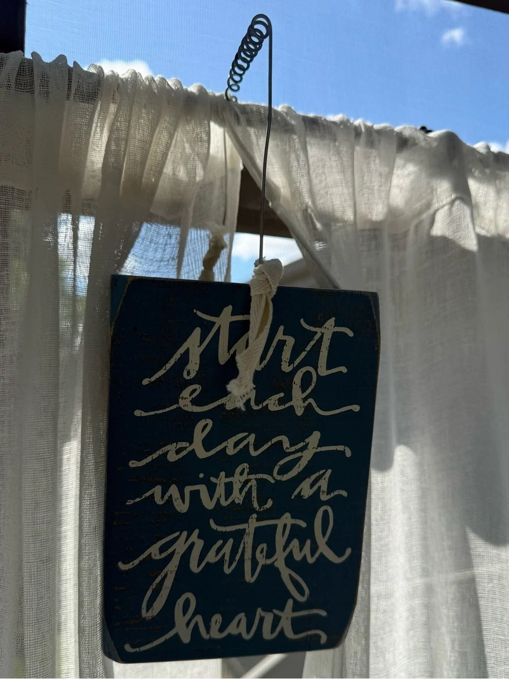 Blue Heart Hanging Lantern with White Script Accent